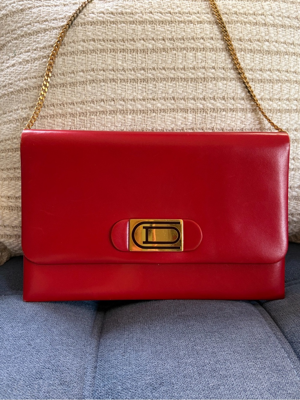 Christian Dior Vintage Red Leather Shoulder Bag Clutch with Gold Chain
